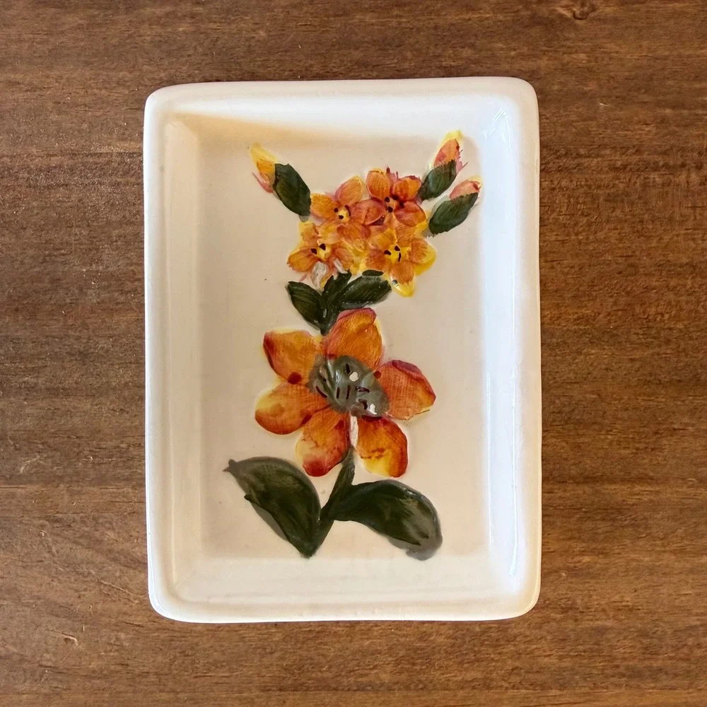 Vintage Hand Painted Ceramic Floral Soap Dish Raised Flowers Cottage Decor